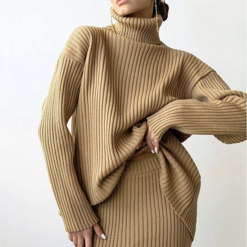 Winter Nieuwe mode Custom Women\'s Warm Turtleneck pullover gebreide midi rok 2 -delige pak Women \\\\ \'s rok trui