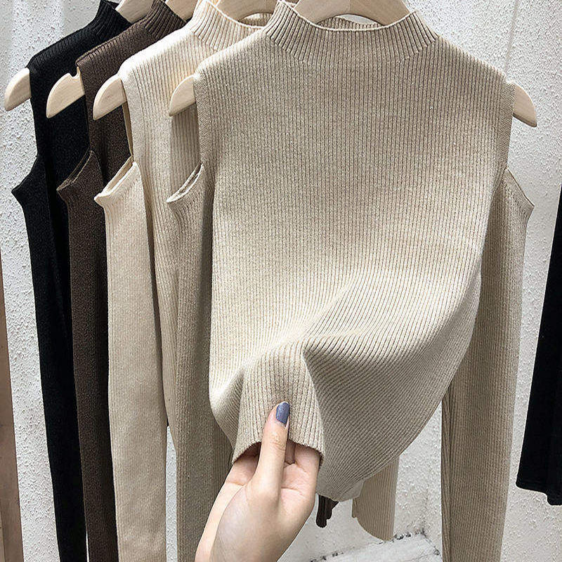 2023 NIEUWE FASOM DRAMEN Wintertrui Koreaanse solide kleur off-the-shoulder lange mouwen met lange mouwen Top Base Shirt trui